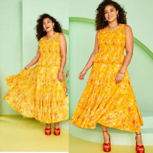 Disney Parks Color Me Courtney Princess Tiana Yellow Floral shirring Dress M